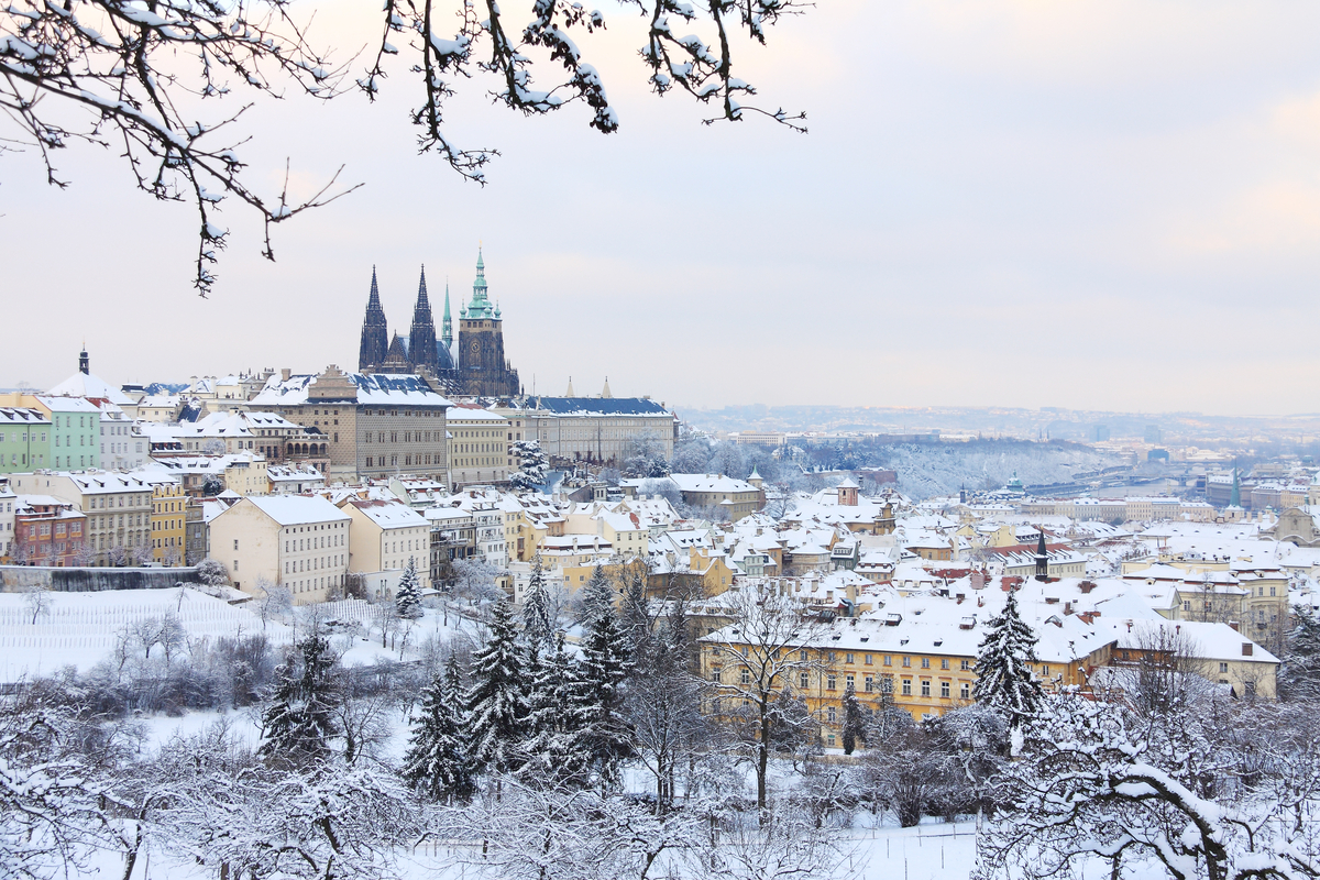 Prague landscape with snow winter holiday Europe