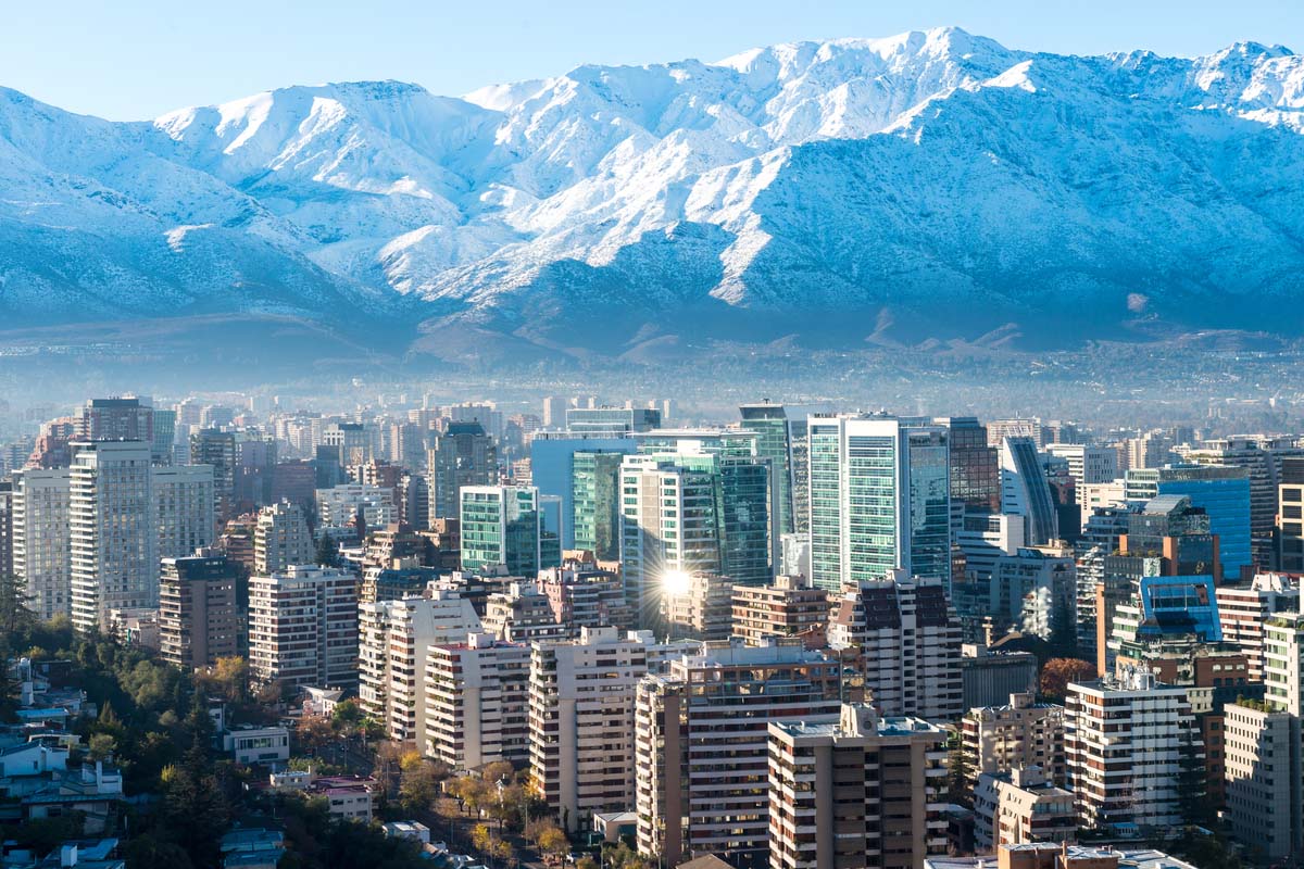 Beautiful white snowy mountain overlooking the Santiago cityscape
