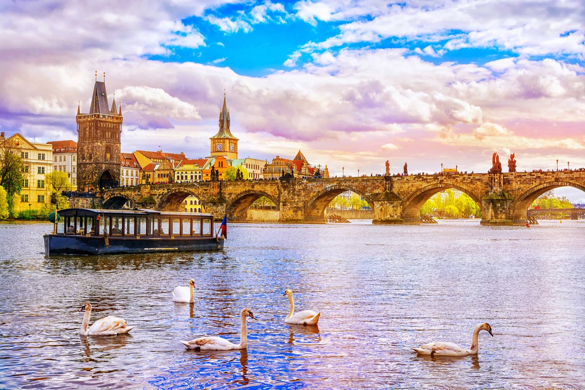 A ferry cruising on the Vltava River in Czech Republic