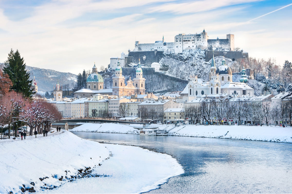 Beautiful view of Salzburg skyline with Festung Hohensalzburg and Salzach in winter