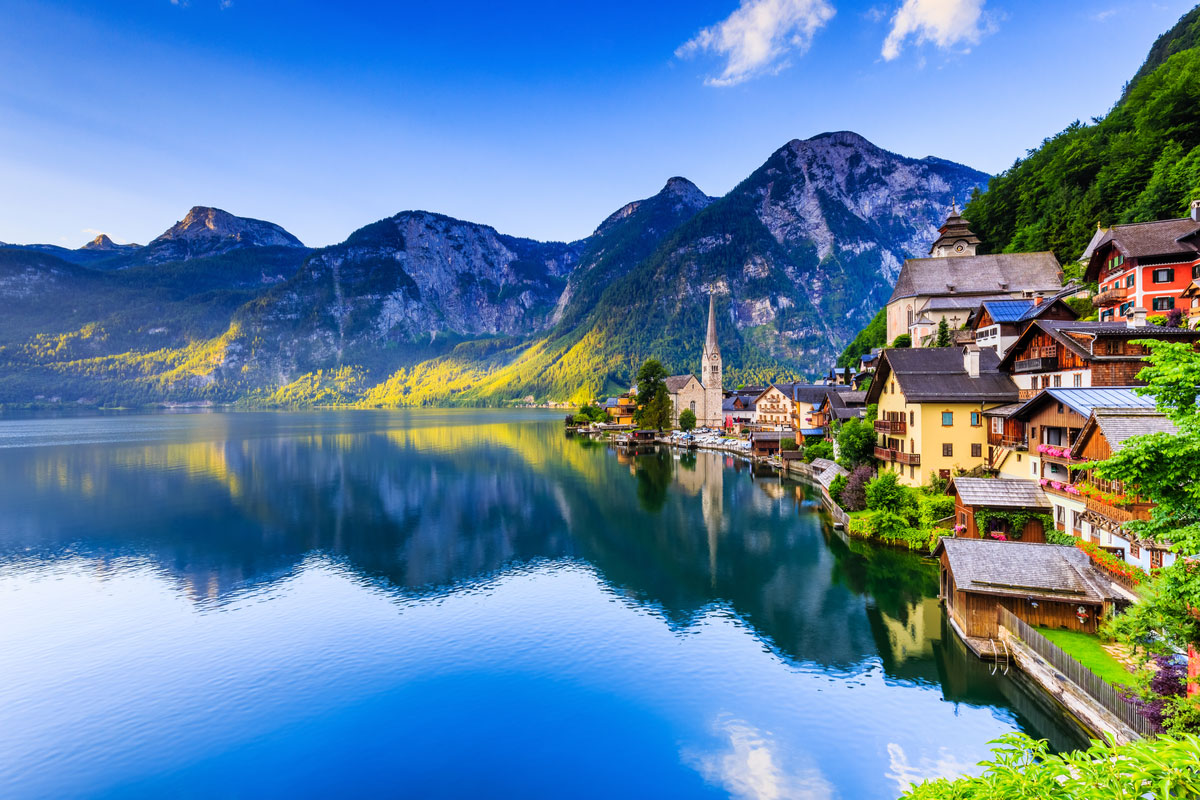 Hallstatt, Austria. Mountain village in the Austrian Alps at sunrise, places to visit in Austria