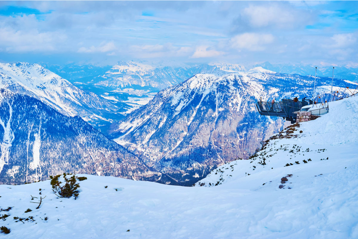 Krippenstein slope with a view on Five fingers viewing platform, hanging over the precipice and opening the view on Dachstein mountain range, places to visit in Austria