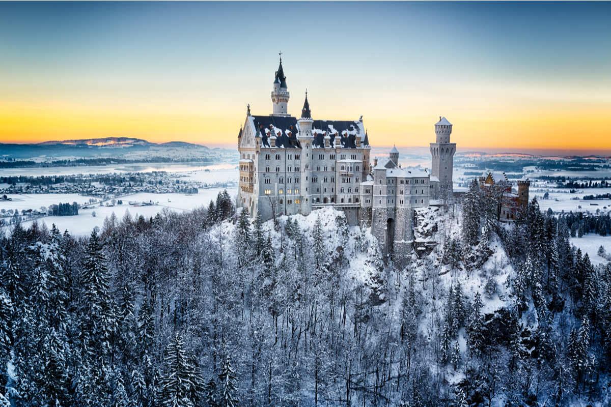 Neuschwanstein Castle Germany and winter landscape with snow