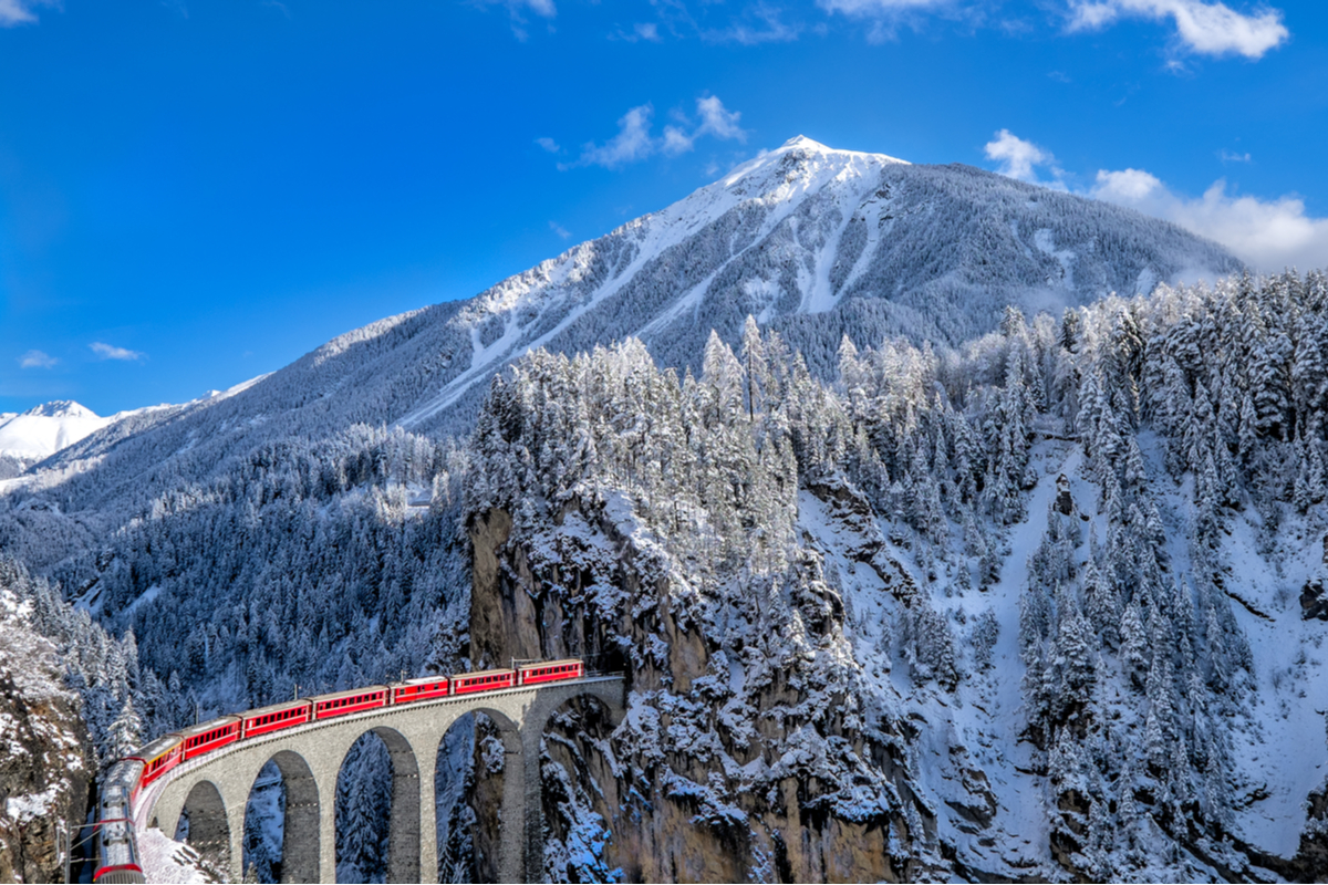 Glacier Express travelling through Switzerland snow