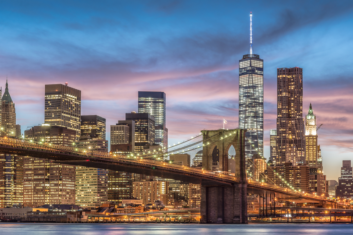 View of Brooklyn Bridge and New York City International Women's Day
