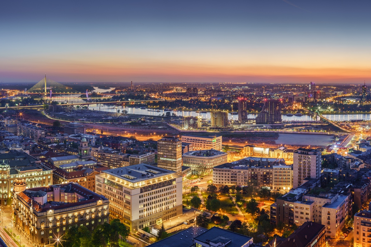 Cityscape of Belgrade at night travelling to Serbia