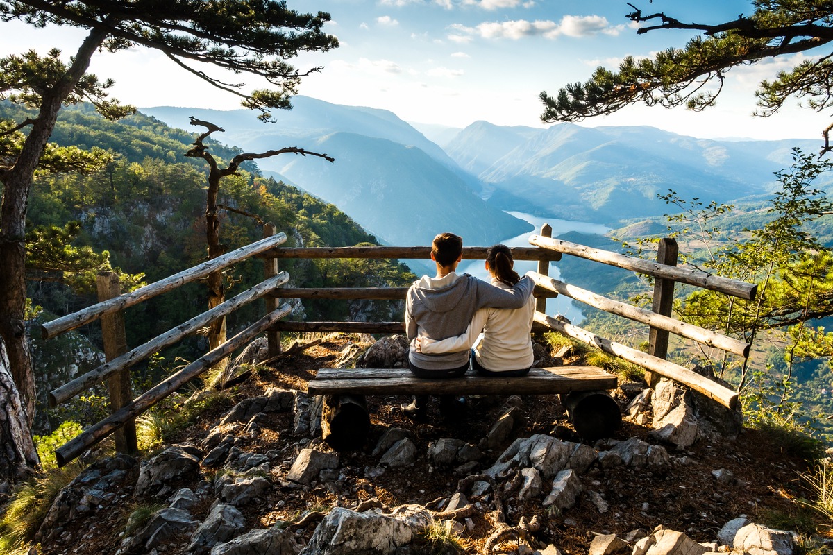 Couple admire view in Tara National Park travelling to Serbia