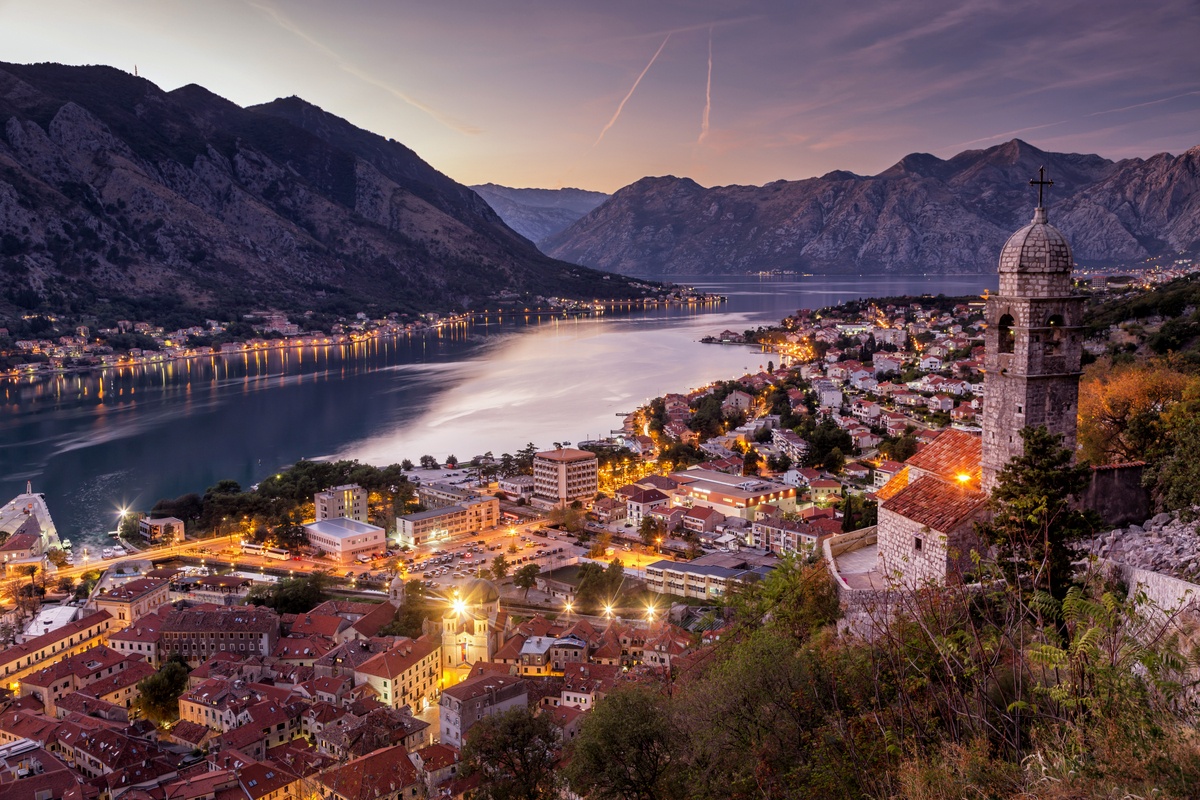View of Bay of Kotor in Montenegro at twilight Balkans