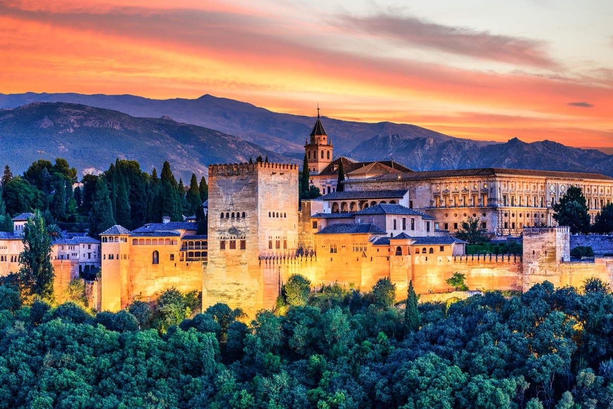 View of Alhambra in Granada, Spain, at sunset