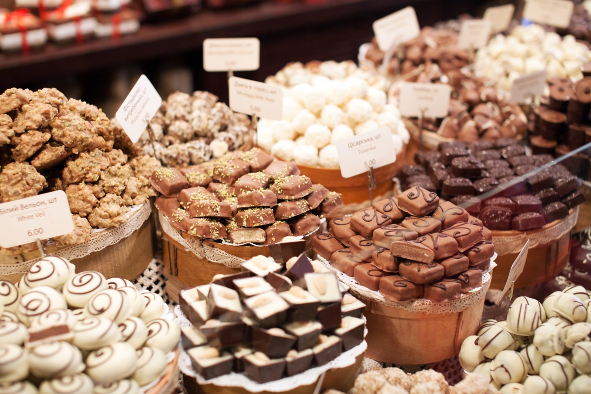 Various chocolate truffles in store in Belgium