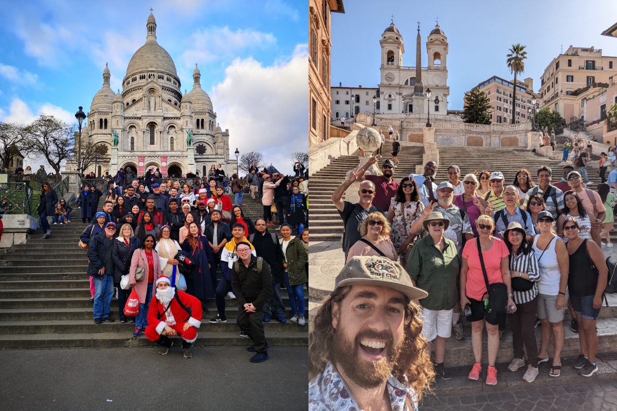 Tour leader and tour groups in Paris and Rome