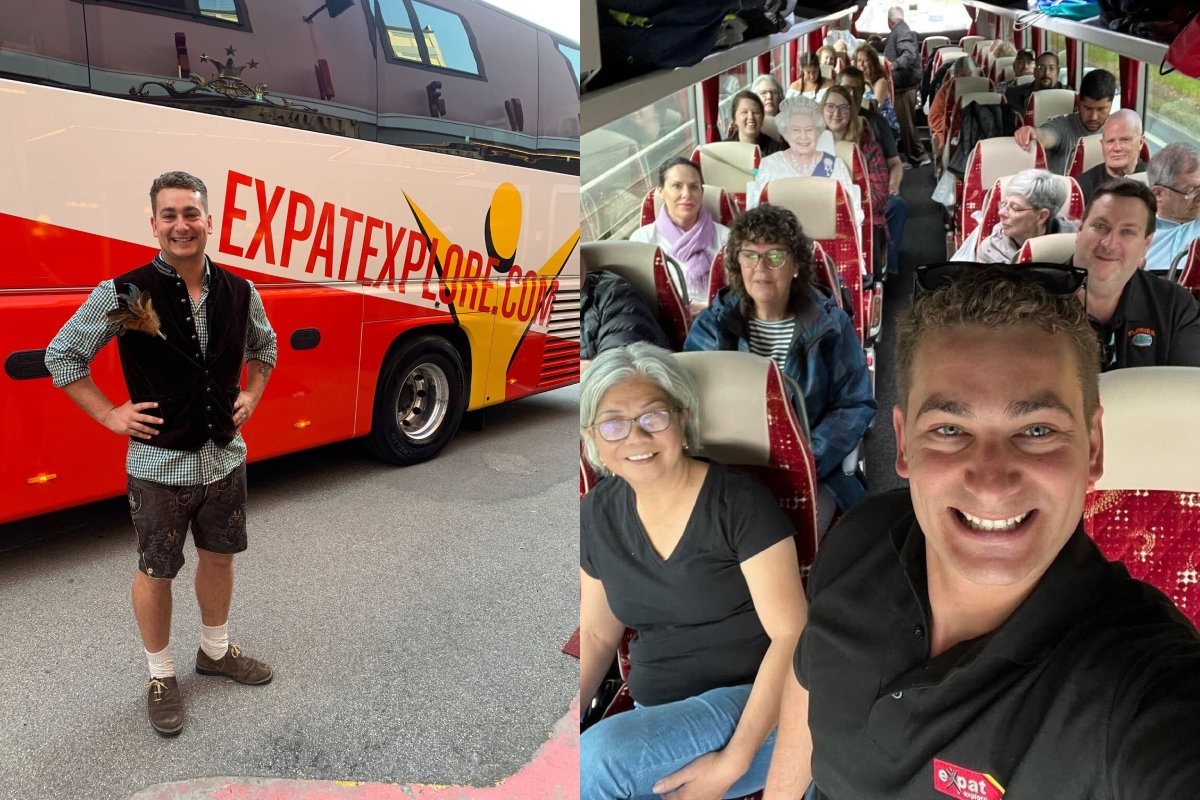 tour leader with coach and tour group on board
